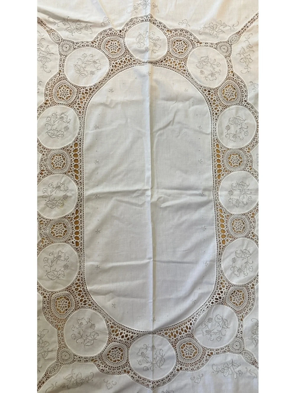 VTG MCM Cream Tablecloth & Taupe Embroidery Crocheted Accents 62x79 Cottagecore